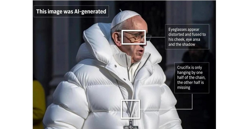 AI fakery is quickly becoming one of the biggest problems confronting us online. With AI deepfakes cropping up almost every day, depicting everyone from Taylor Swift to Donald Trump, it’s getting harder to tell what’s real from what’s not. The following photo-illustrated graphic highlights a few notable areas of an AI-deepfake of Pope Francis.